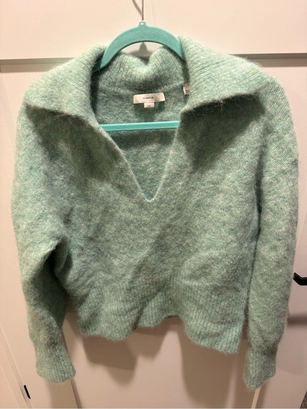 Vince Alpaca Wool Blend Fuzzy Collared Sweater Mint Green Women’s L Cozy Luxe